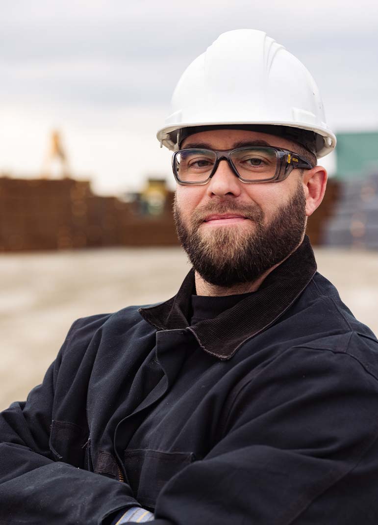 Man wearing safety glasses on construction site